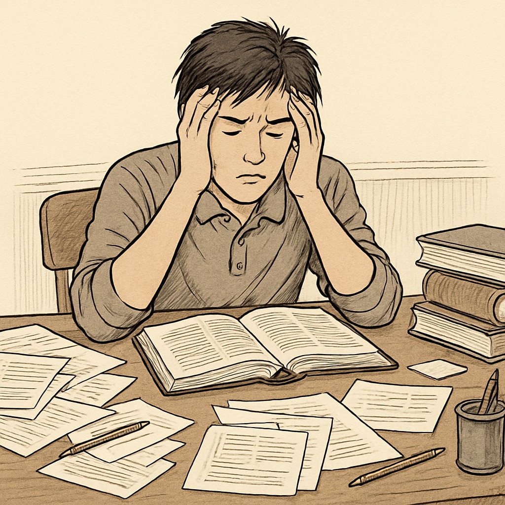Stressed high school student surrounded by open textbooks and scattered papers Teenager overwhelmed by homework in students debate