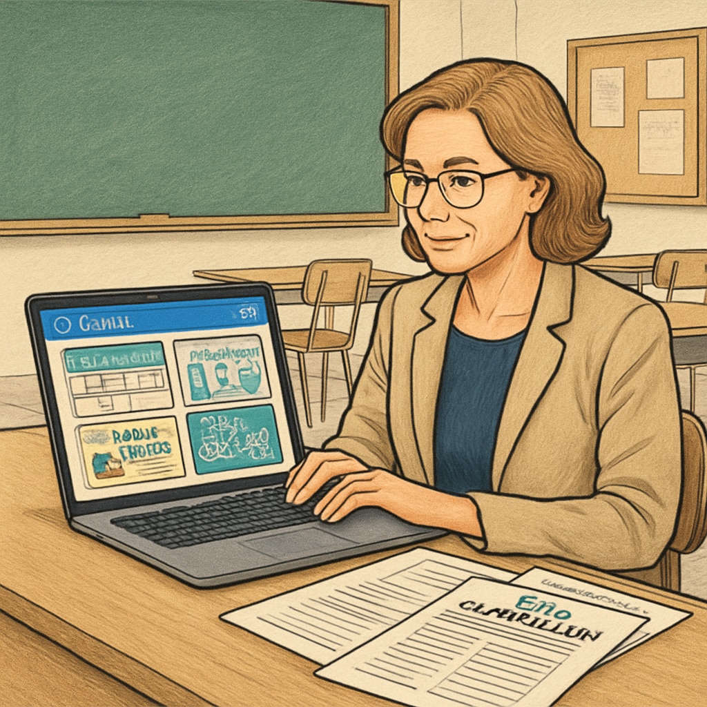 A middle-aged female teacher working at a classroom desk, using Canva on her laptop with printed K-12 curriculum documents spread beside her. The screen shows educational template customization. Educator creating K-12 curriculum resources using Canva digital files