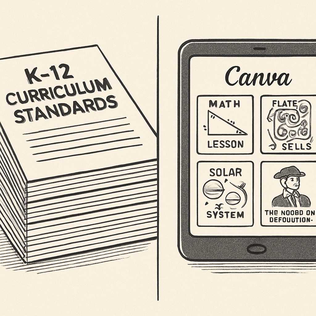 Comparison image showing left side with printed K-12 curriculum standards documents and right side displaying corresponding Canva-designed educational resources on a tablet screen. K-12 curriculum translation into digital educational resources