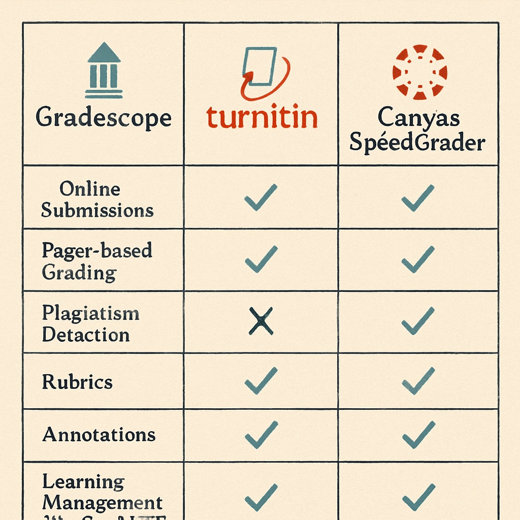Comparison chart showing features of GradeScope, Turnitin, and Canvas SpeedGrader Teaching assistance technology comparison