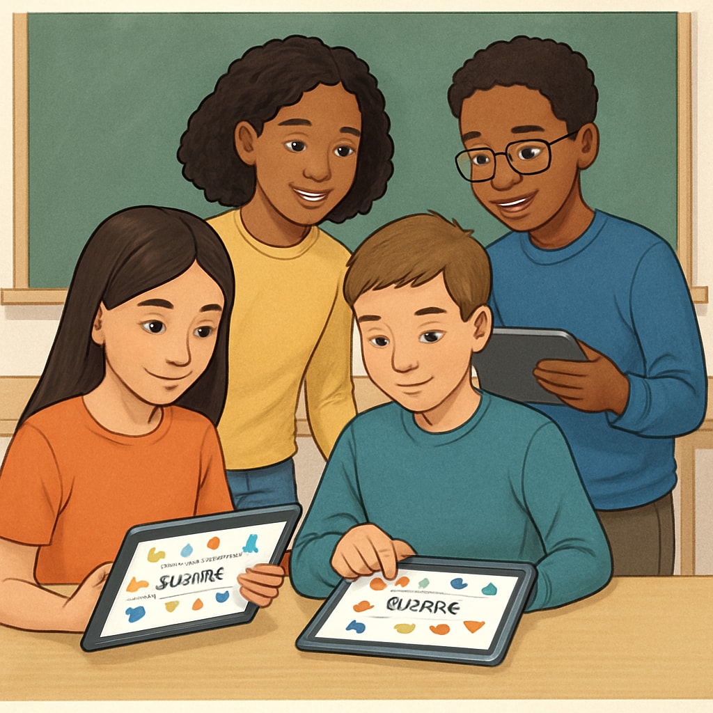 Diverse group of middle school students collaboratively using digital tablets to create science concept maps with colorful nodes and connectors Educational tools for visual content creation in student assistance programs