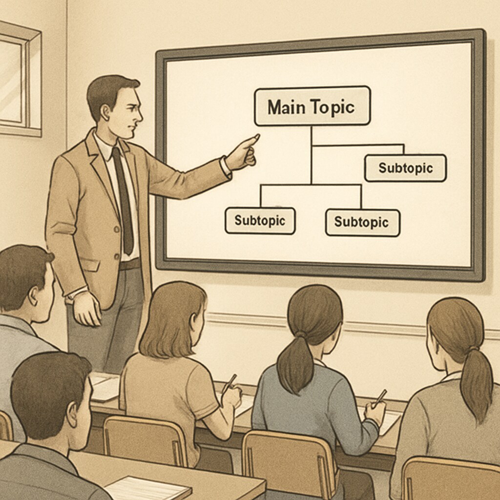 Classroom setting where instructor demonstrates interactive mind-mapping software on large touchscreen, with students observing visual hierarchy techniques Visual learning tools enhancing student assistance in K12 education