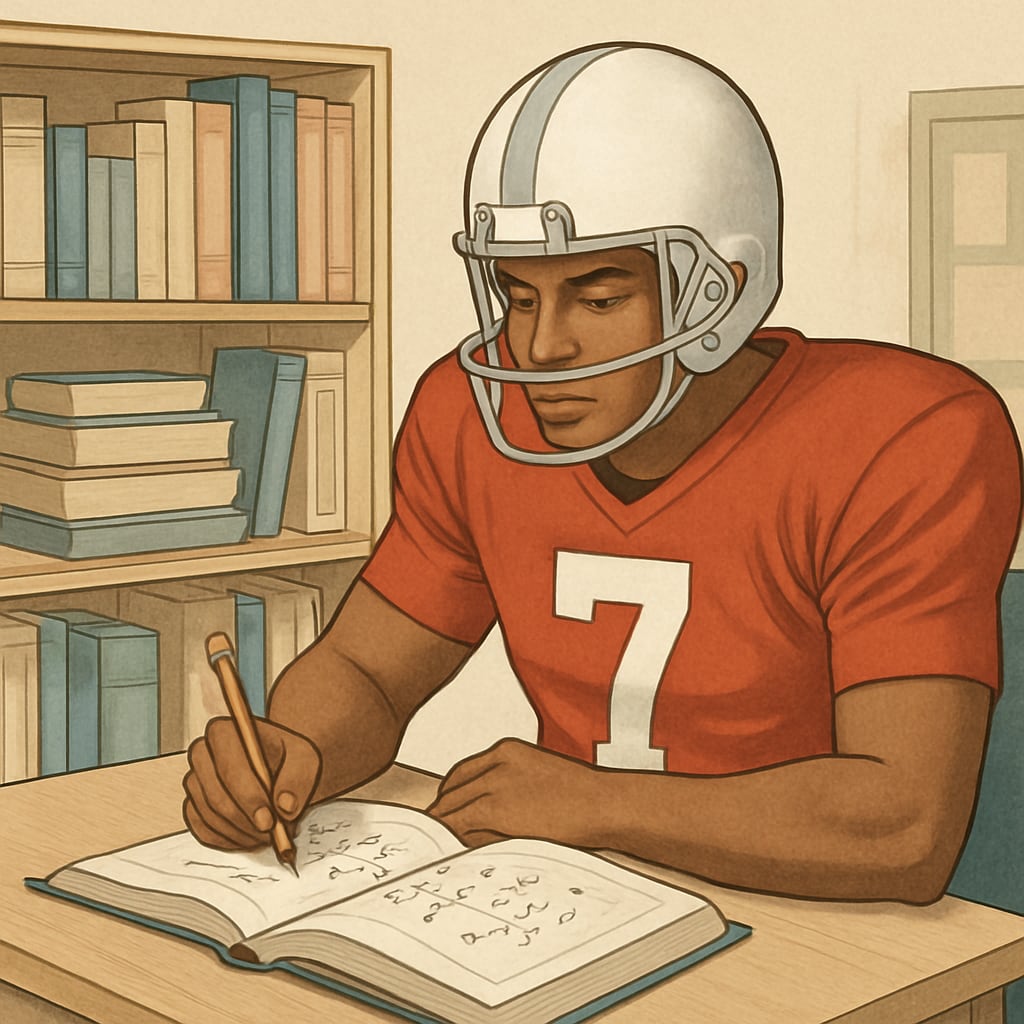 College football player studying playbook with textbooks visible in background Football player balancing academics and athletics for college admission
