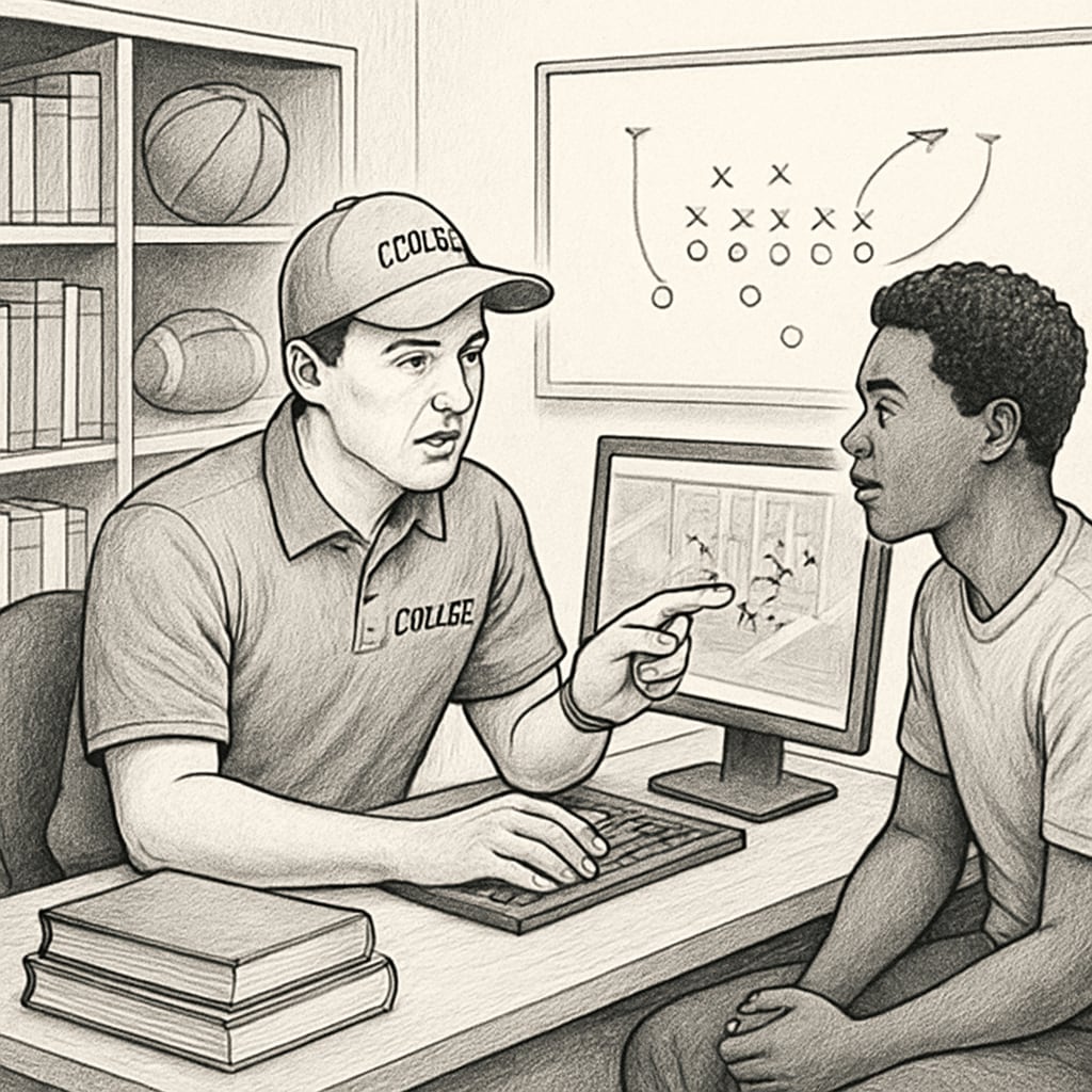 College coach reviewing game film with prospective student-athlete NCAA football recruitment process and academic standards discussion