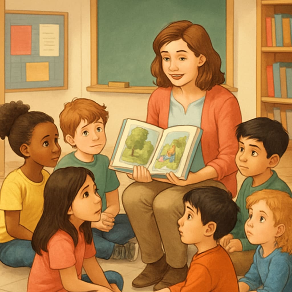 A diverse group of K12 students sitting in a circle, fully engaged as their teacher reads from an illustrated storybook. The children display various expressions of curiosity and emotional connection. Story teaching facilitating identity cognition and personal transformation