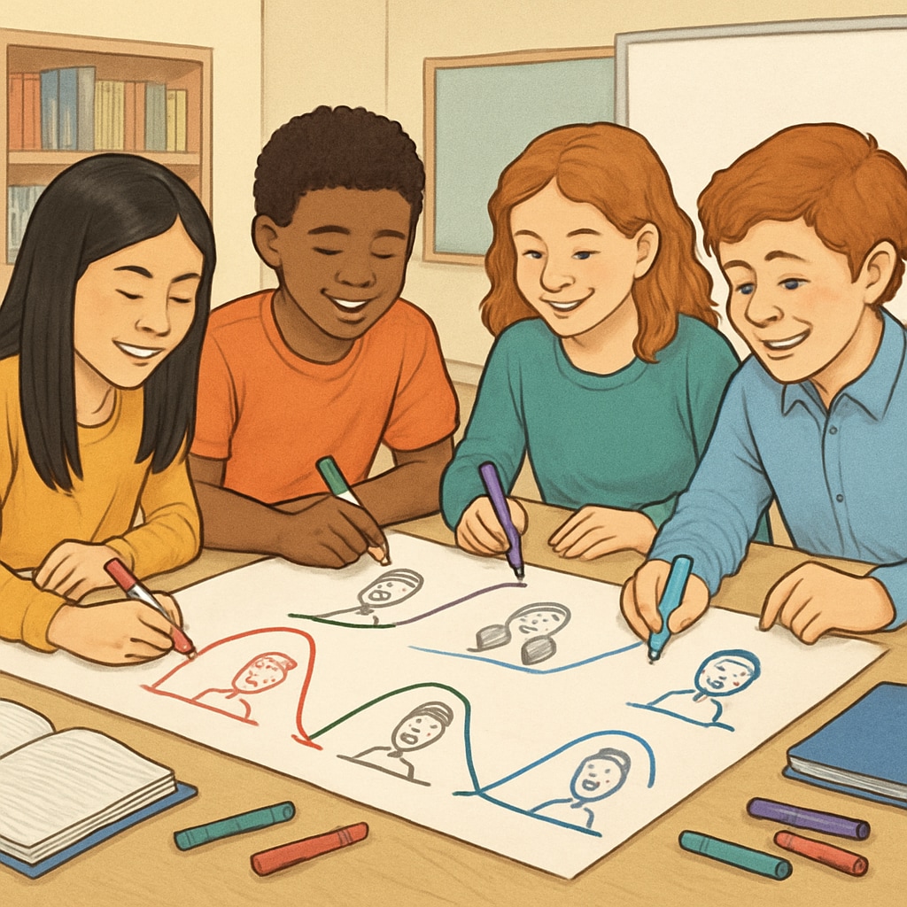 Four middle school students from different ethnic backgrounds collaboratively creating a large storyboard. They're using colorful markers to draw character arcs that represent personal growth. Visual representation of narrative-based personal transformation