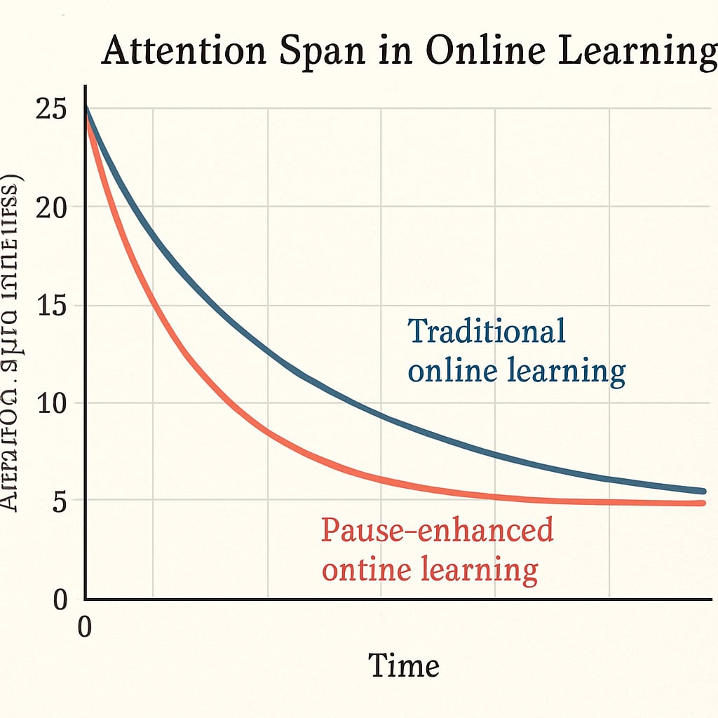 Comparative line graph showing attention span duration curves for traditional vs. pause-enhanced online learning sessions Browser extension learning tool impact on attention retention