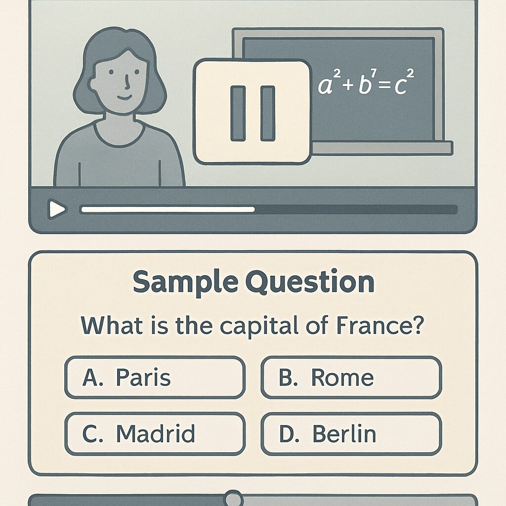 Interface mockup displaying the pause feature with sample multiple-choice question overlay on educational video Interactive pause learning tool interface example