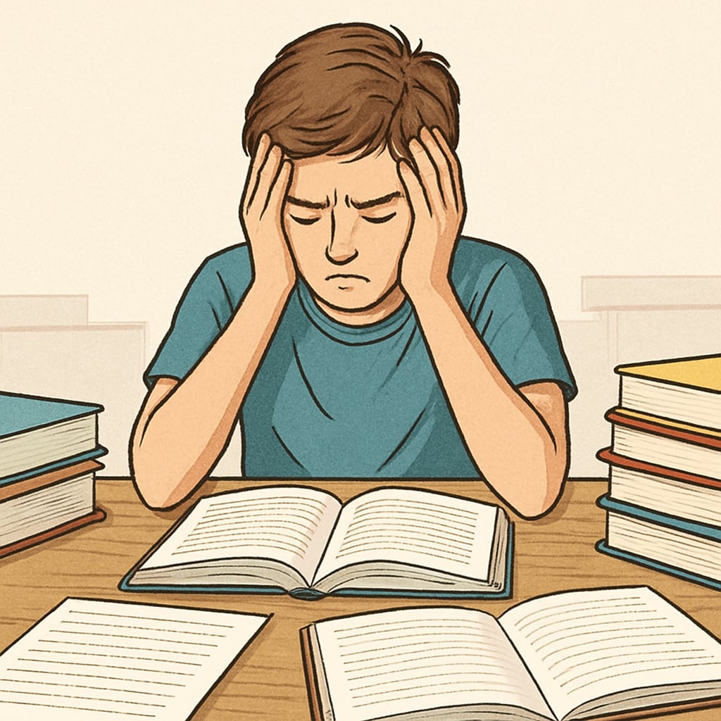 A frustrated teenage student surrounded by textbooks and papers, holding head in hands at a wooden desk High school student struggling with academic work