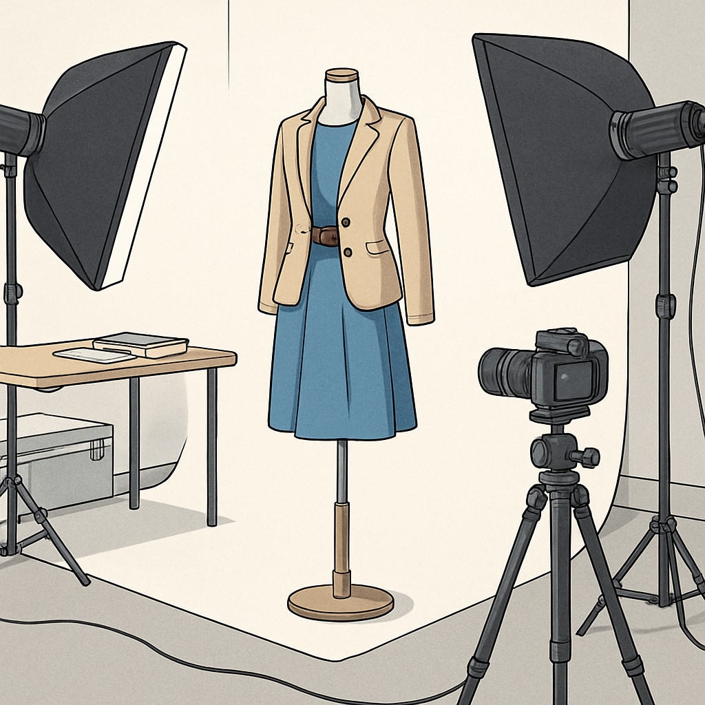 Professional photography studio setup with young model posing in fashionable clothing under bright lights Teen model working during a professional photo shoot