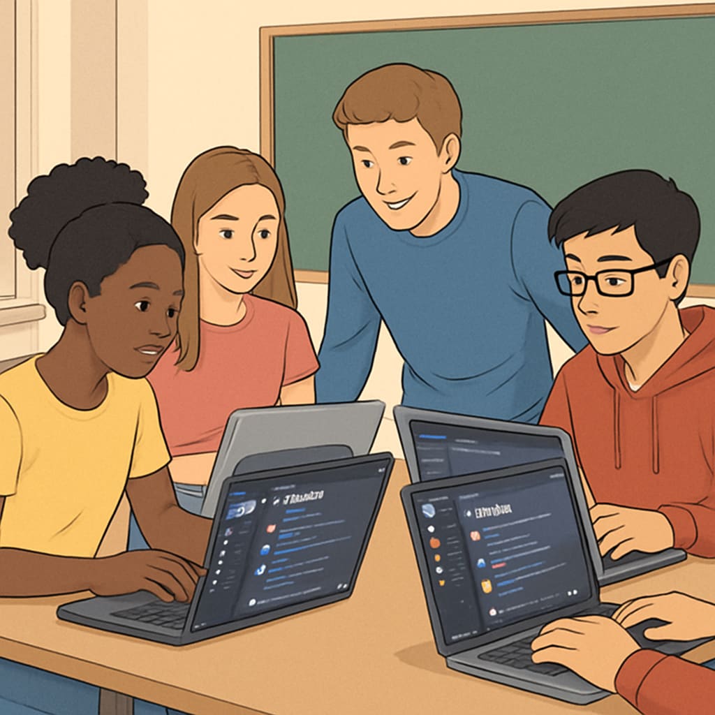 Diverse group of high school students working together on laptops, visibly engaged with Discord study group interface K12 students collaborating in Discord learning groups