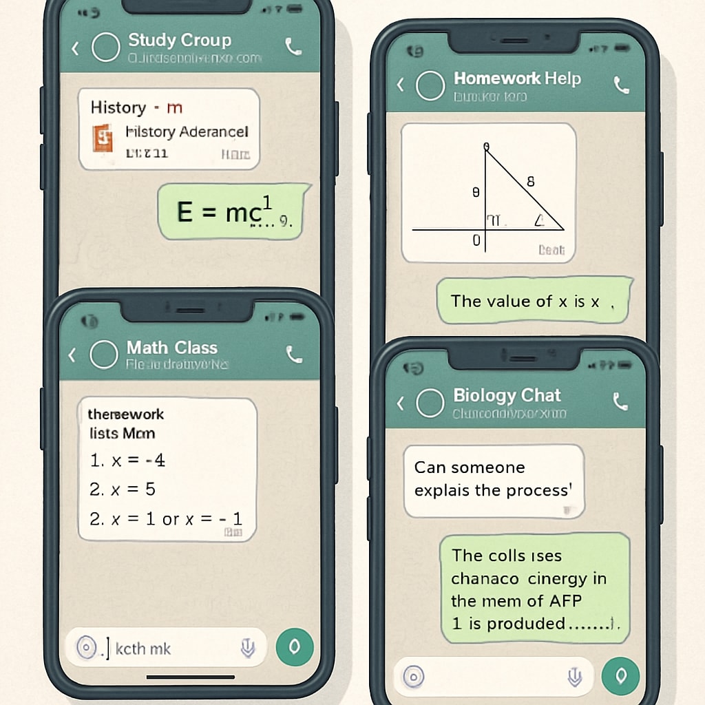 Close-up of smartphones showing WhatsApp group chats with shared educational materials and homework solutions WhatsApp study group for academic collaboration