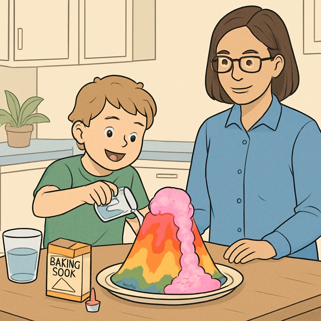 Child conducting colorful baking soda volcano experiment on kitchen table with adult supervision Family science experiment with baking soda volcano