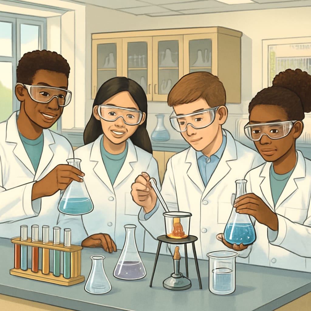 Group of diverse high school students wearing lab coats and safety goggles conducting chemistry experiments in a school laboratory, with beakers and test tubes visible High school chemistry research project in progress