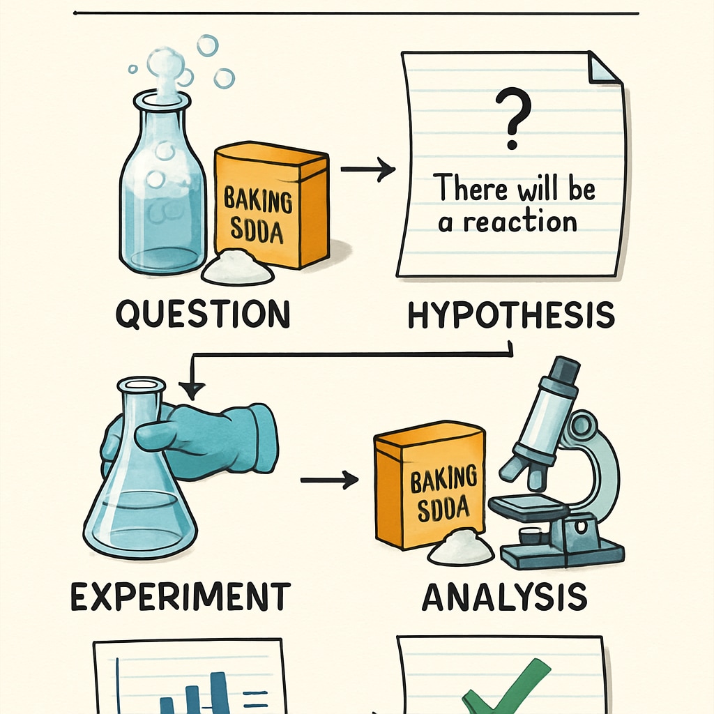 Colorful infographic illustrating the scientific method steps with chemistry examples: question (vinegar and baking soda reaction), hypothesis, experiment, analysis, conclusion Scientific method for chemistry research projects