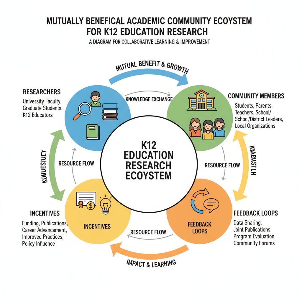A visual representation of building a mutually beneficial academic community ecosystem for K12 education research involving media research, survey questionnaires, and academic assistance
