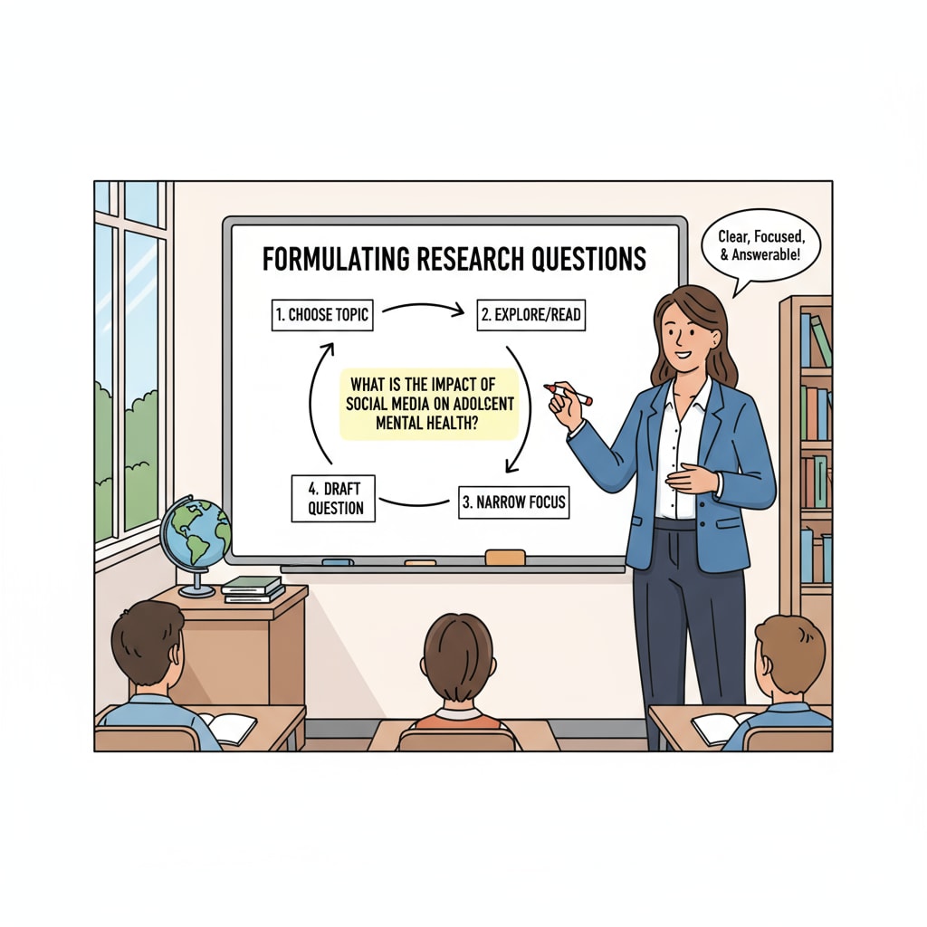 A teacher is standing in front of a whiteboard, writing a research question with a marker, highlighting the process of formulating research questions. Teacher writing a research question on a whiteboard for educational research
