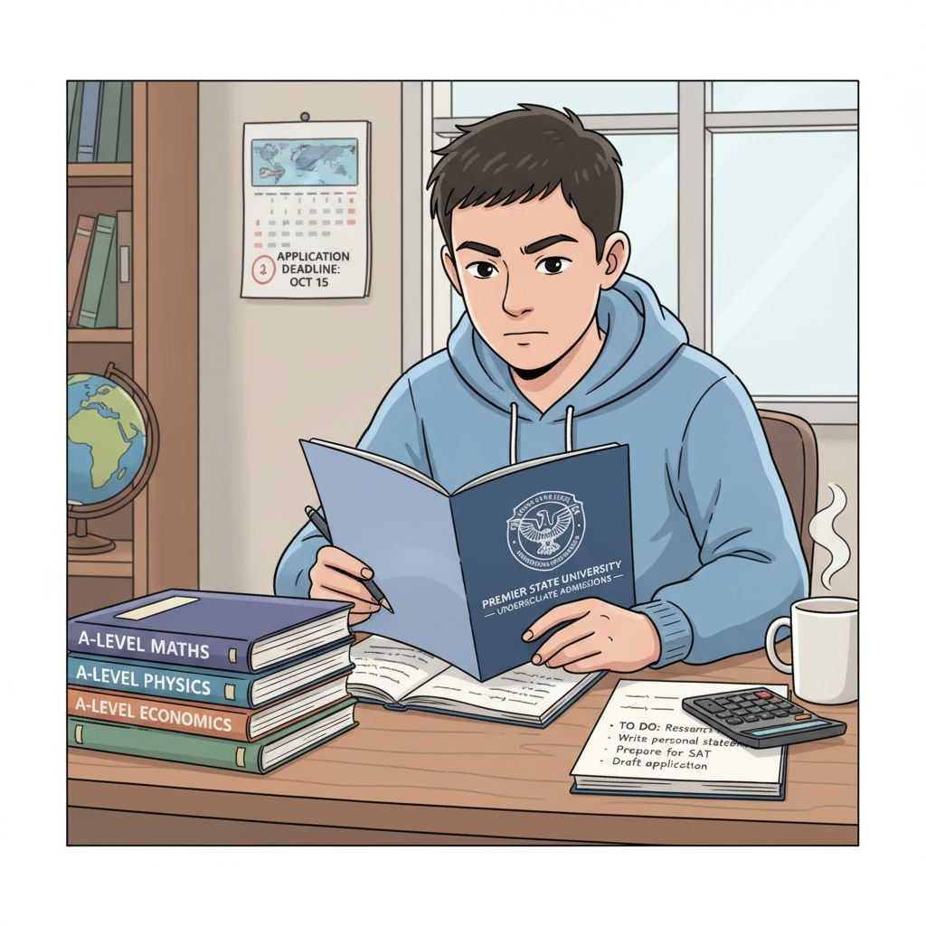 Student looking at A-Level textbooks with a US university brochure