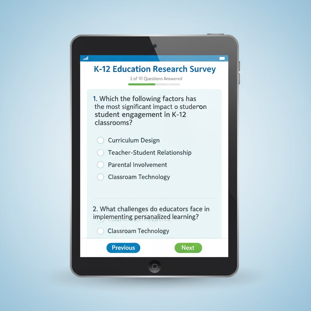 An online survey interface with questions related to K12 education research, including options for respondents to answer. Online survey interface in K12 education research for media research, survey questionnaires, and academic assistance