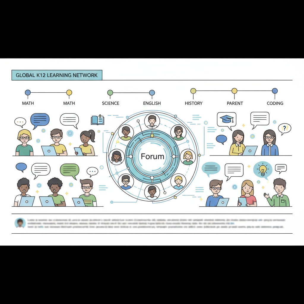 A representation of people interacting in an online K12 education community, with discussions and exchanges happening. People interacting in an online K12 education community for media research, survey questionnaires, and academic assistance