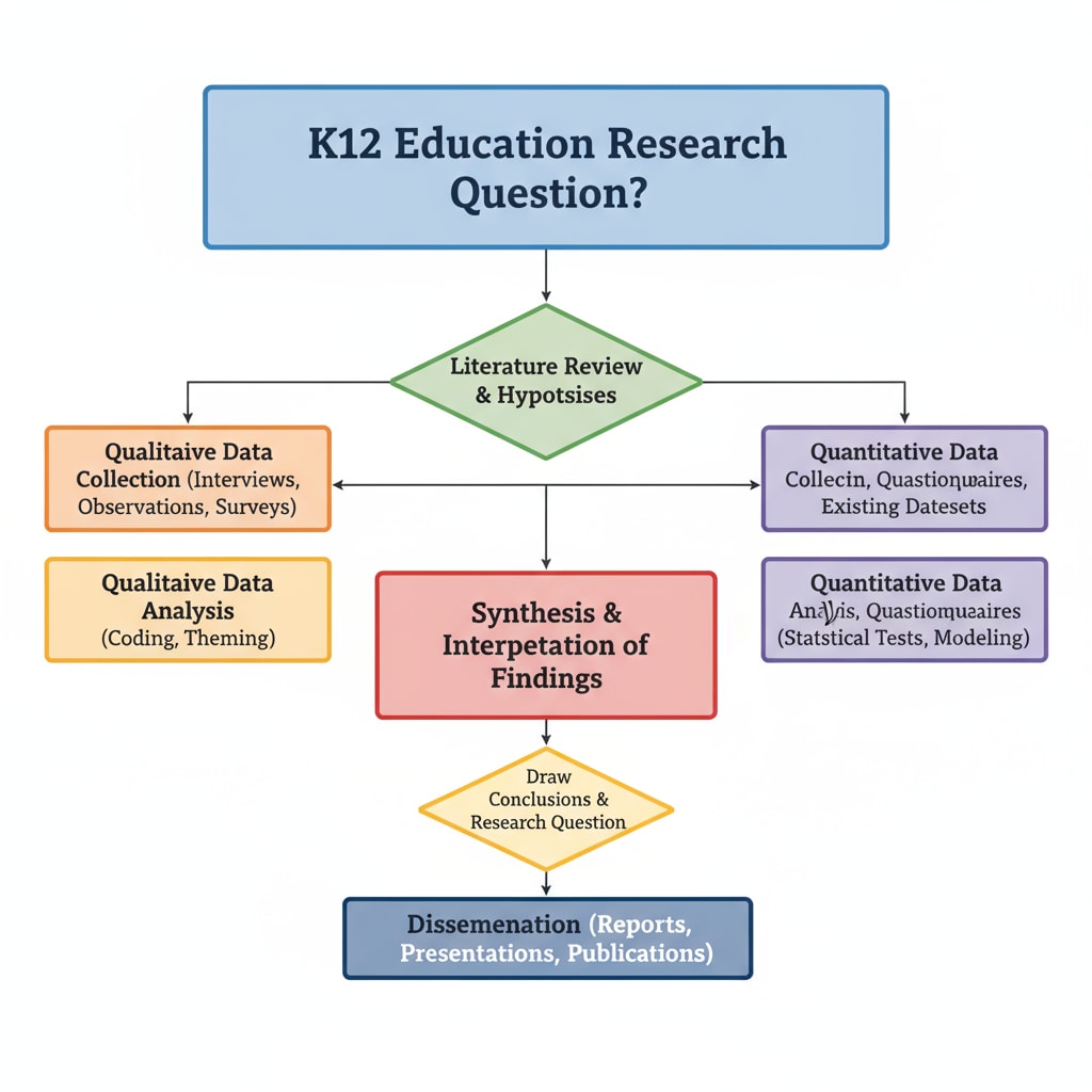 A flowchart showing how a research question in K12 education leads to different stages of research, including data collection, analysis, and conclusion. Visual representation of how a research question guides the research process in K12 education