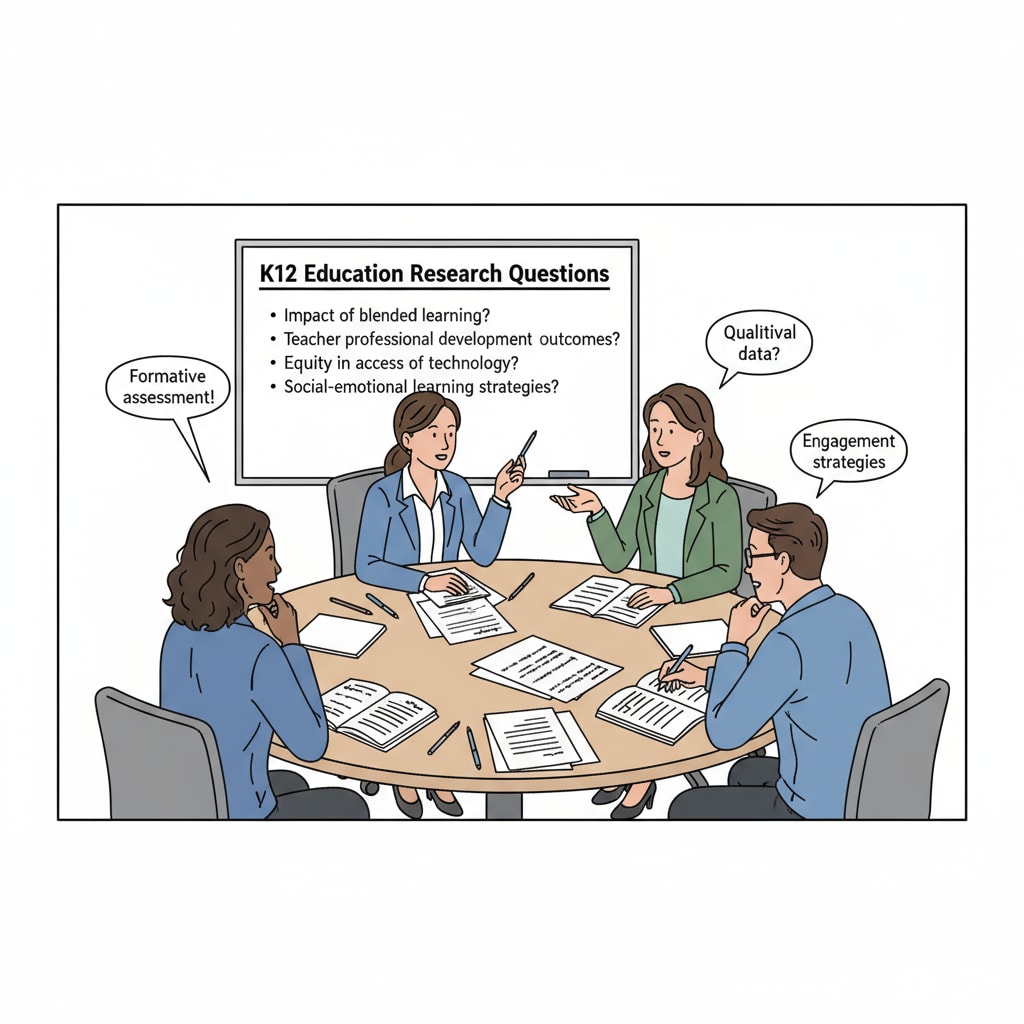 A photo of educators sitting around a table, discussing and writing down potential research questions related to K12 education. Group of educators discussing potential research questions in a K12 classroom