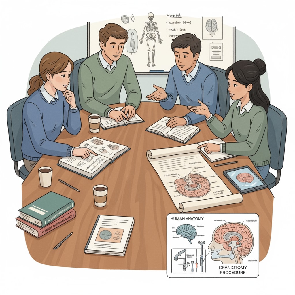 A group of students are engaged in a discussion in a study room. There are books about human anatomy and diagrams related to neurosurgery on the table, showing their enthusiasm for learning about neurosurgery. High-achieving students discussing neurosurgery learning resources in a study room