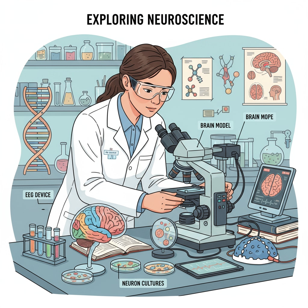 A student is conducting a science experiment in a laboratory. There are various pieces of equipment related to neuroscience, such as microscopes and brain models, indicating the exploration of the neuroscience field. Student conducting a neuroscience experiment in a laboratory for learning enhancement