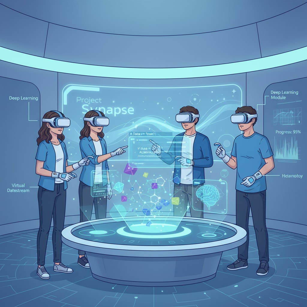 Students are collaborating on an AI project within the VRX simulation environment, wearing VR headsets and interacting with virtual objects. Students collaborating on AI project in VRX simulation environment for artificial intelligence teaching
