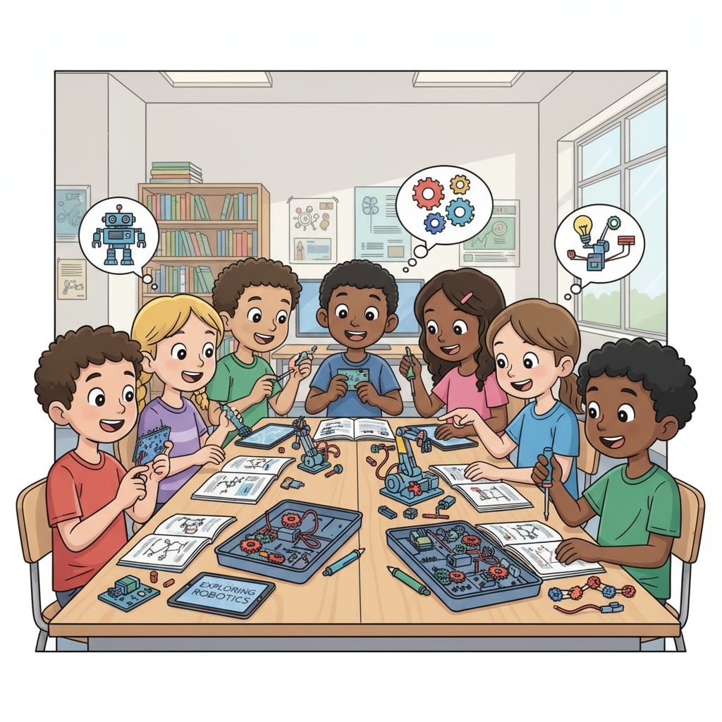 A group of K12 students are gathered around robotics kits. Their faces show curiosity and excitement as they start to explore the world of robotics. K12 students exploring robotics kits in a project - based learning environment for beginners