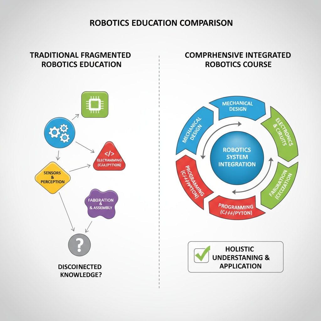 A diagram that compares traditional fragmented robotics education parts with how they are integrated in a comprehensive course. It visually shows the difference and the advantage of the comprehensive approach. Diagram comparing traditional and comprehensive robotics education for beginners