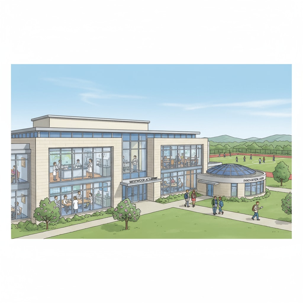 A private school campus with modern facilities and small class sizes. The campus has a large building with classrooms, a science lab, and a sports field in the background. A private school campus showcasing its facilities, highlighting the educational advantages of private schools in the context of school choice between public and private institutions.