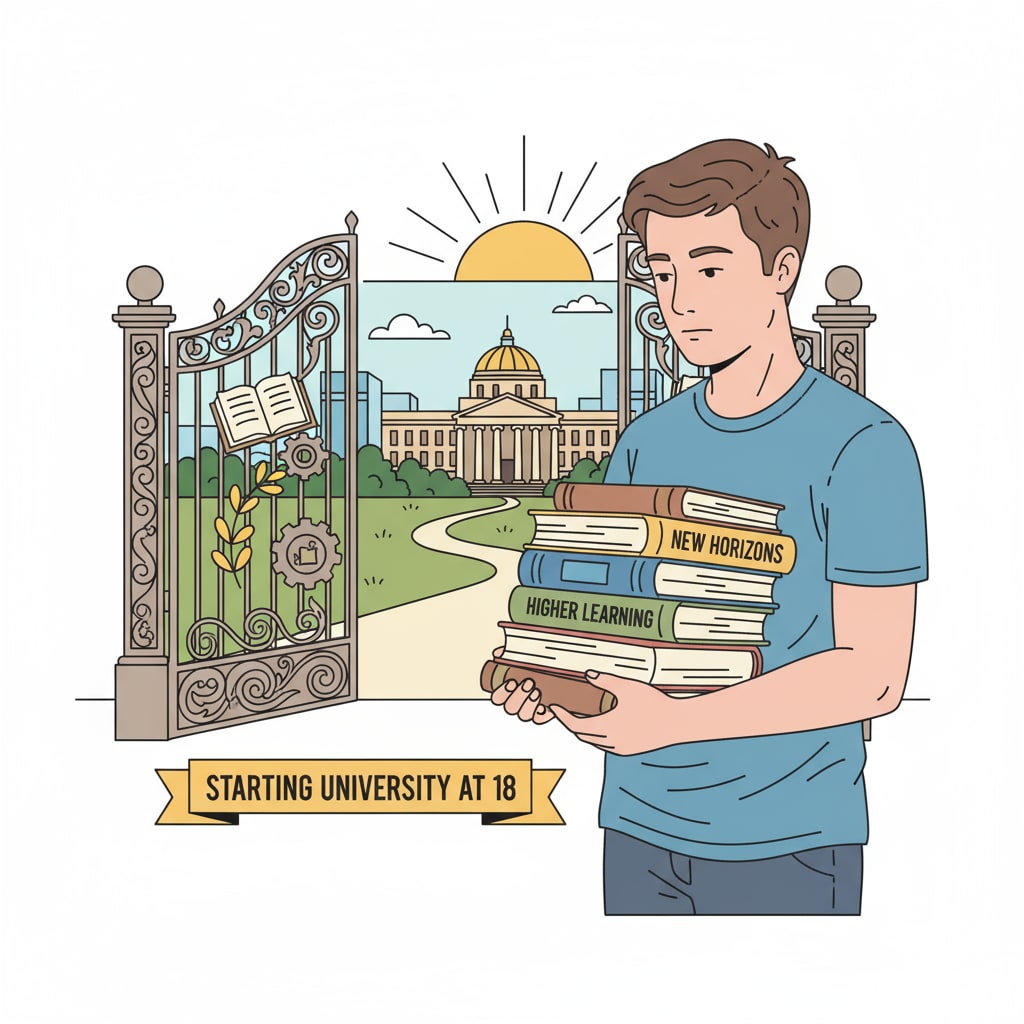 A young adult with books, looking thoughtful, considering starting school education at 18 A thoughtful 18-year-old considering starting school education with self-study background and age concerns