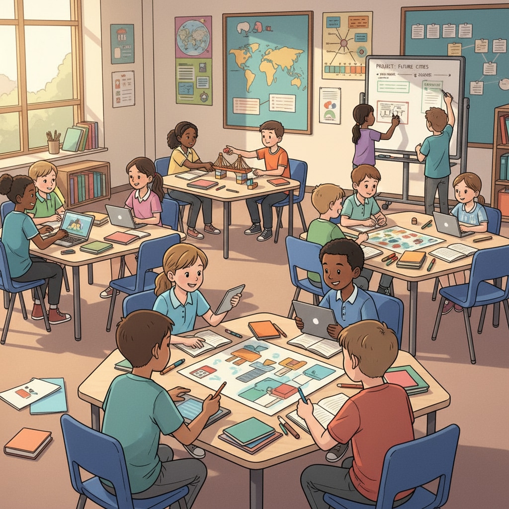 A classroom has been arranged to be a collaborative space. Students are grouped together, working on a project related to their learning, sharing ideas and resources. A learning community in action during post-class activities