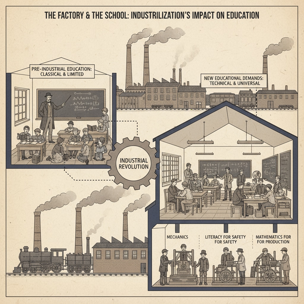 Workers in an industrial factory during the industrial revolution era. This reflects the impact of industrialization on educational demands. Workers in an industrial factory representing the influence on educational models during industrial revolution