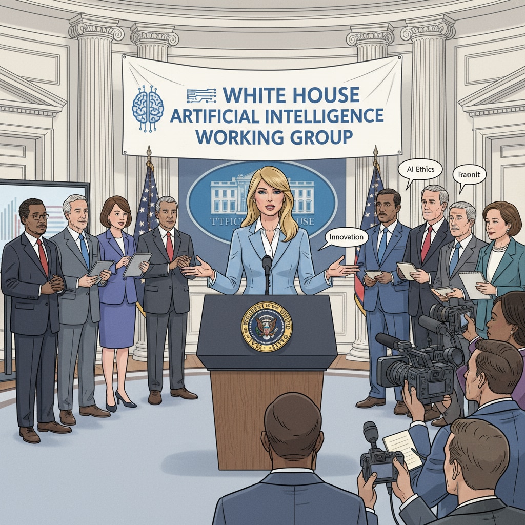 Melania Trump is making an announcement about the establishment of the White House Artificial Intelligence Working Group. There are some officials and reporters present. Melania Trump announcing the White House Artificial Intelligence Working Group related to artificial intelligence, Trump administration, and policy regulation