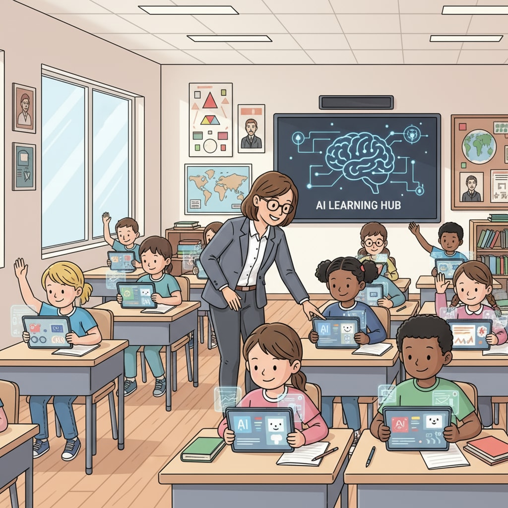Students in a classroom are using AI-assisted tablets for learning. The teacher is walking around and guiding them. A classroom scene with students using AI-assisted learning tools relevant to artificial intelligence, Trump administration, and policy regulation