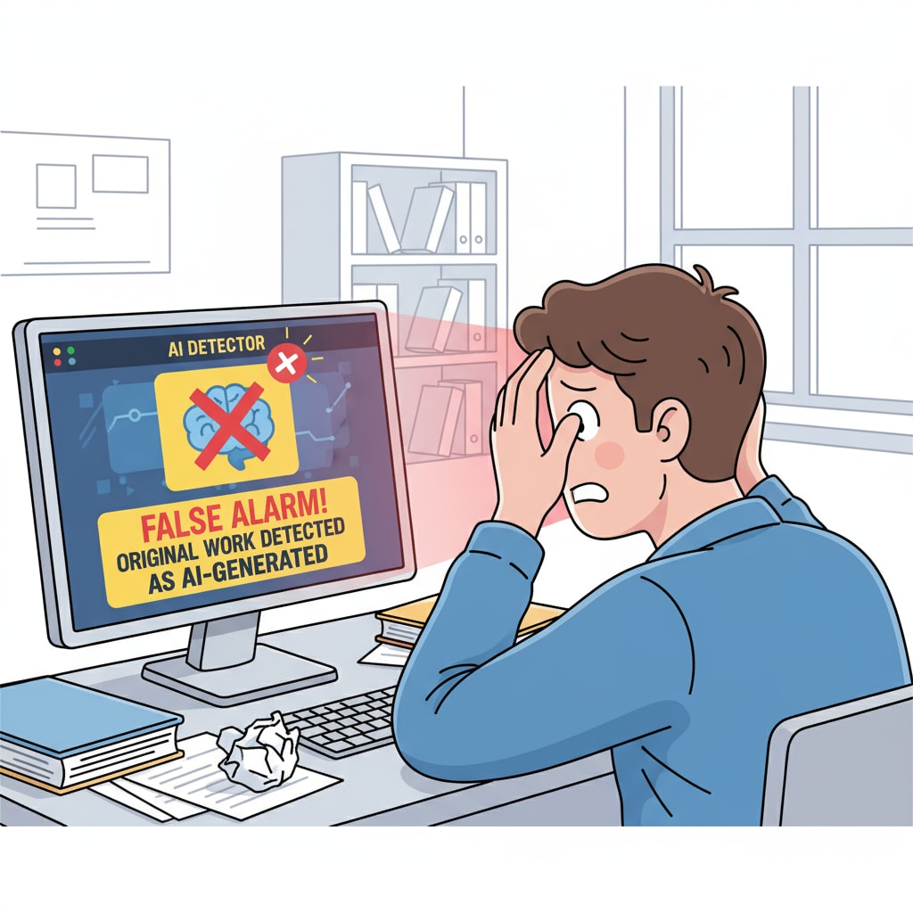 A worried student facing a false alarm from an AI detector in the context of academic integrity