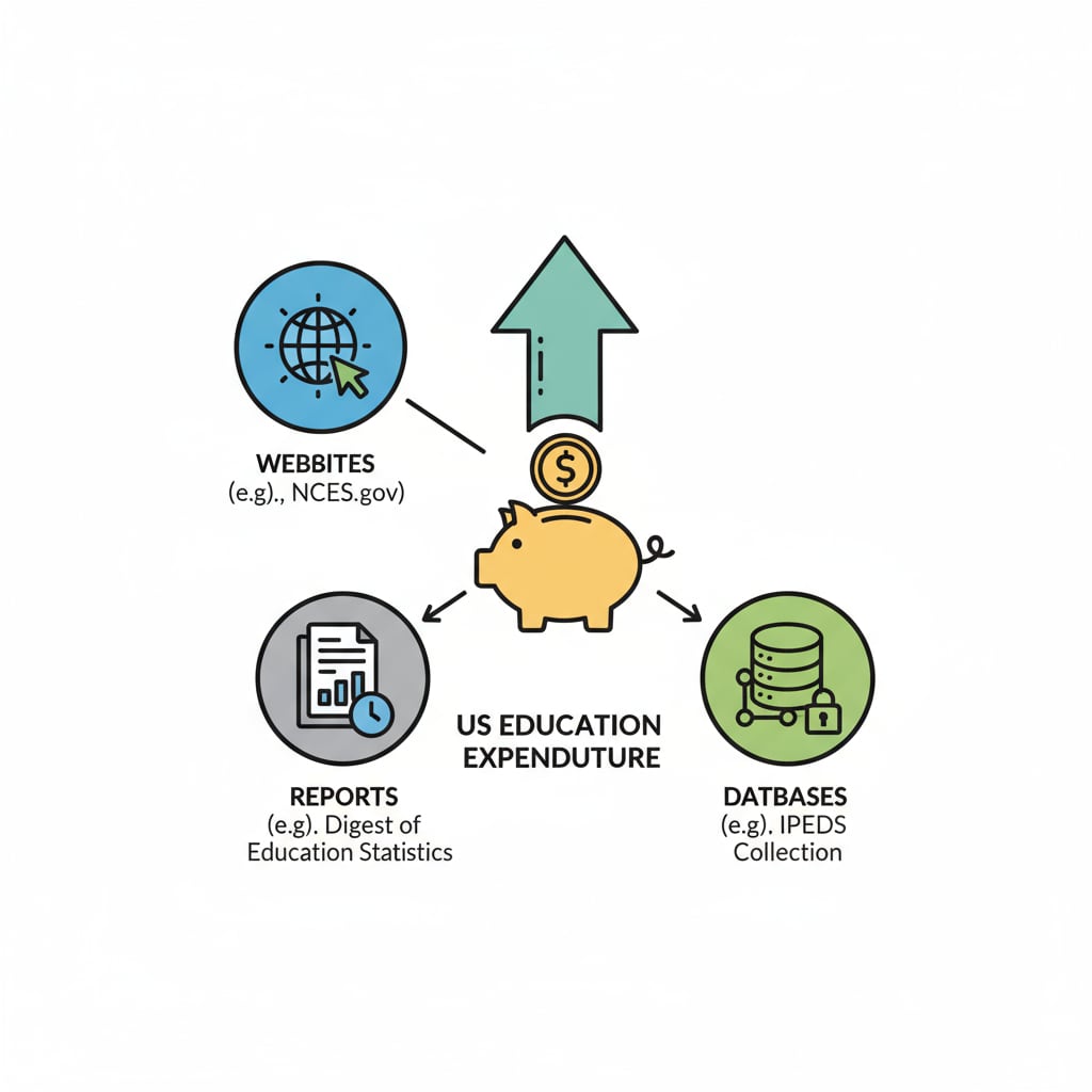An image showing various icons representing different data sources such as websites, reports, and databases related to US education expenditure. Data sources for US education expenditure in academic research