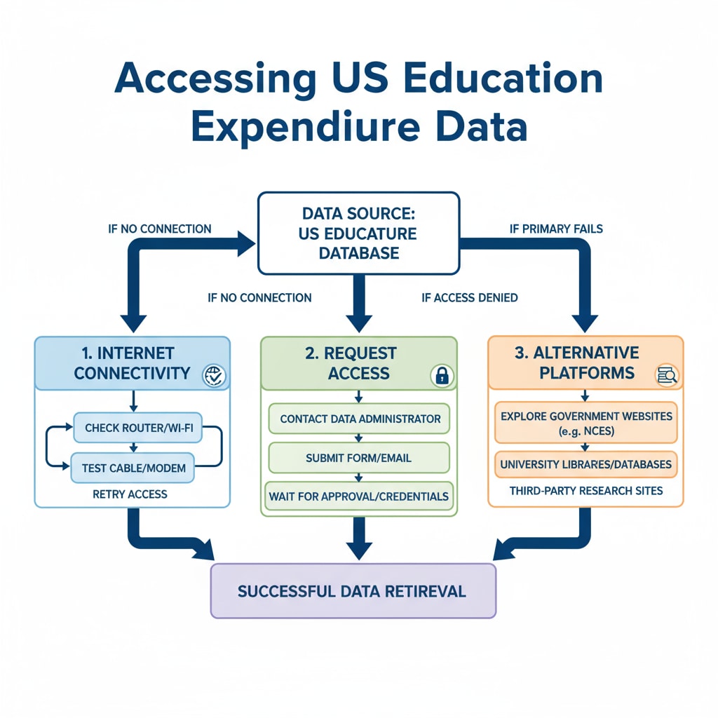 A diagram with arrows and text showing different solutions to access data on US education expenditure, like checking internet connection, requesting access, and using alternative platforms. Solutions to overcome data access challenges in US education expenditure research