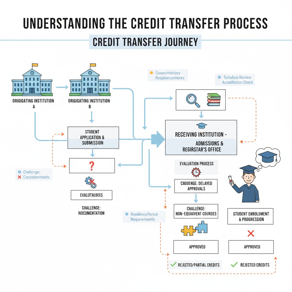 An illustration that visually represents the complex process of credit transfer between different educational institutions, highlighting the steps and potential challenges. Illustration of credit transfer process for degree completion and continuing education