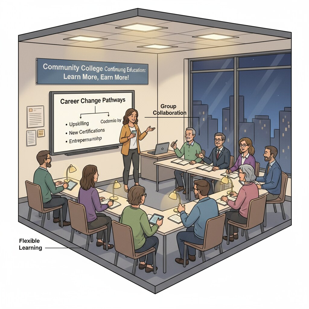 A photo showing adult learners attentively participating in an evening class at a community college, demonstrating a popular continuing education option. Adult learners in an evening class for continuing education and degree completion