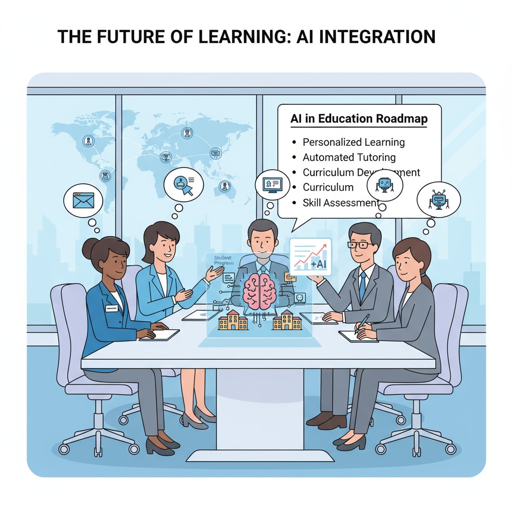 A group of tech company representatives are engaged in a meeting, discussing plans to integrate AI into the education system. Tech companies planning the integration of AI in education