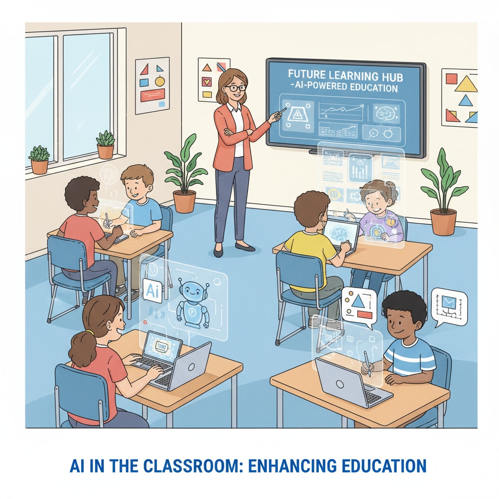 A classroom scene where students are actively using AI educational tools, with a teacher observing. Students using AI educational tools in a classroom