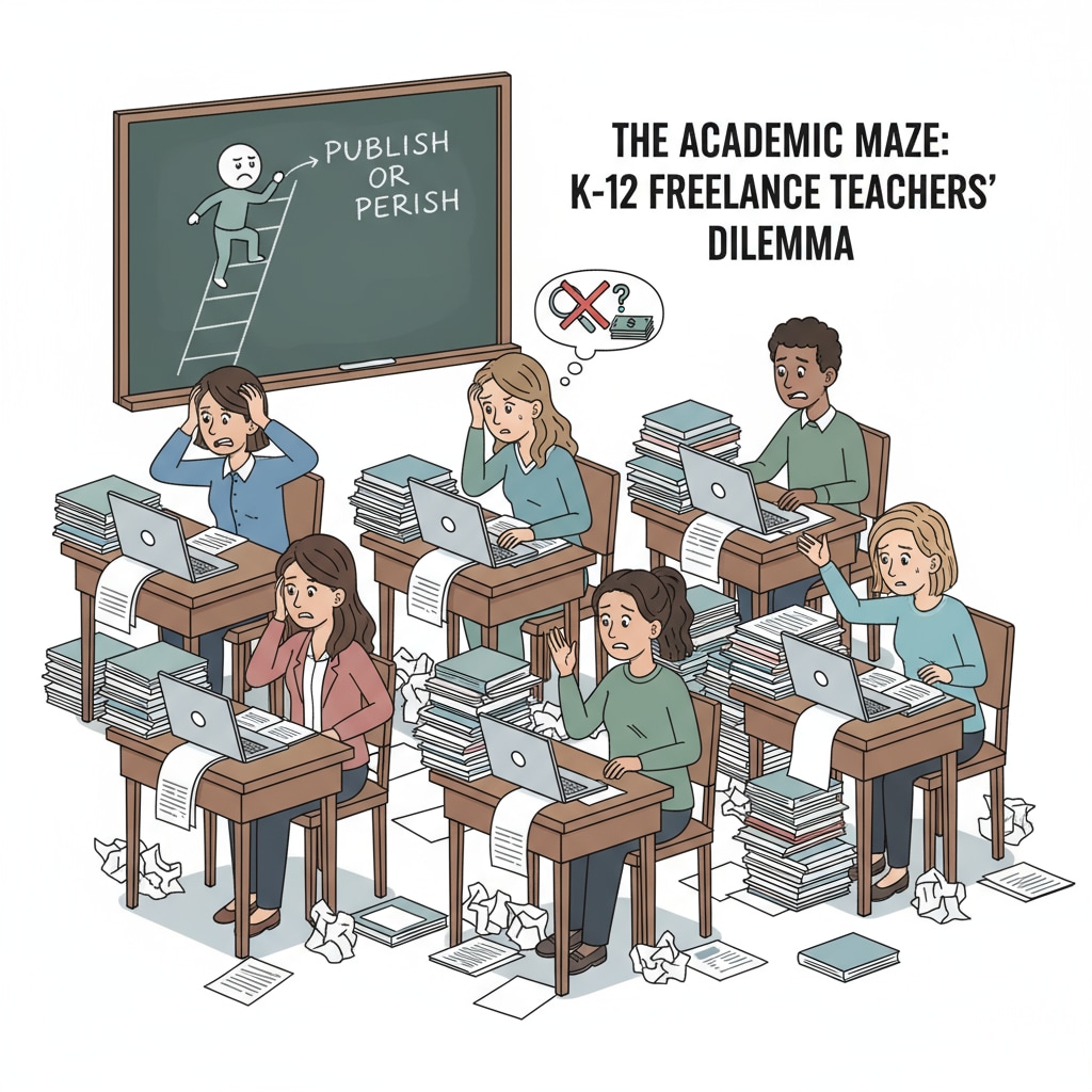 A group of K12 freelance teachers looking frustrated while sitting at desks with research papers scattered around, symbolizing the stress of unfair research publication requirements. K12 freelance teachers under pressure due to unfair research publication requirements