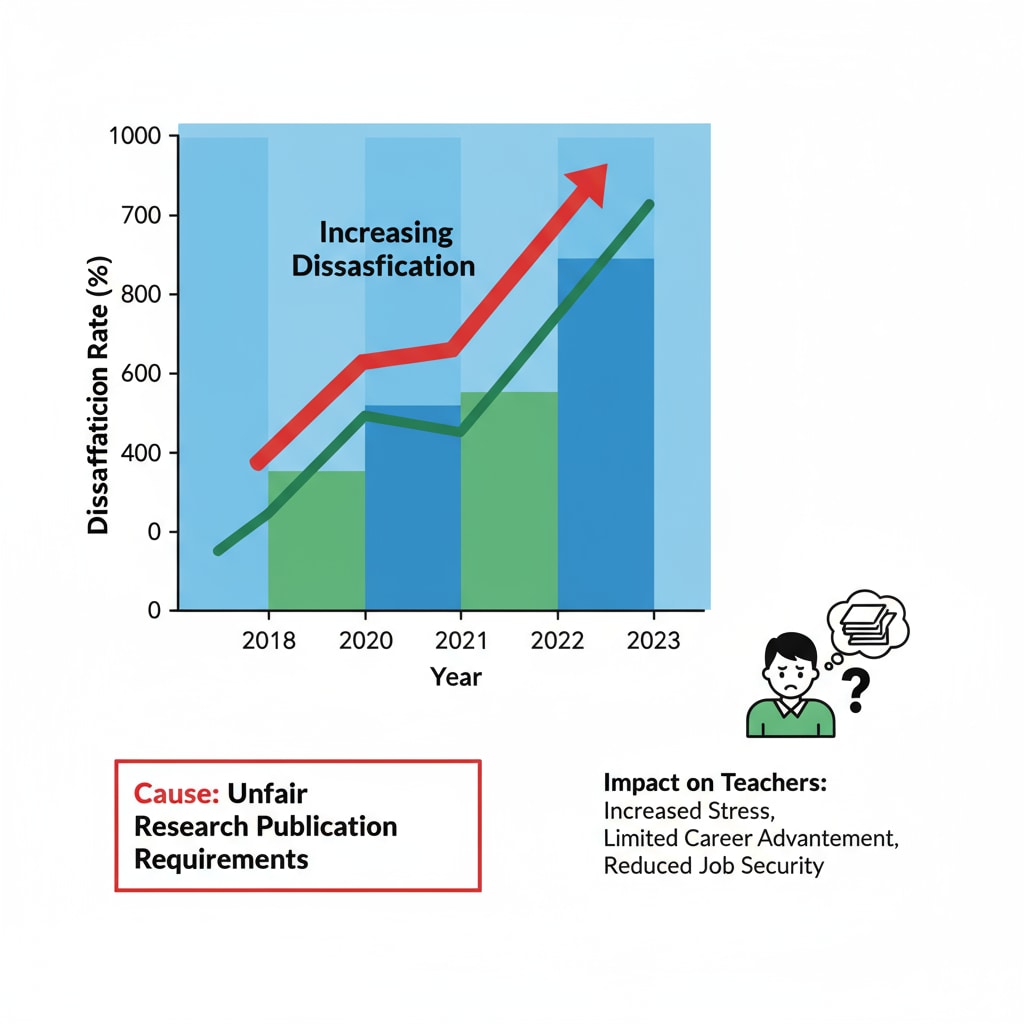 A graph showing the increasing dissatisfaction rate of K12 freelance teachers over the years due to unfair research publication requirements, highlighting the impact on teachers. Graph depicting the rise in dissatisfaction among K12 freelance teachers because of unfair research publication demands