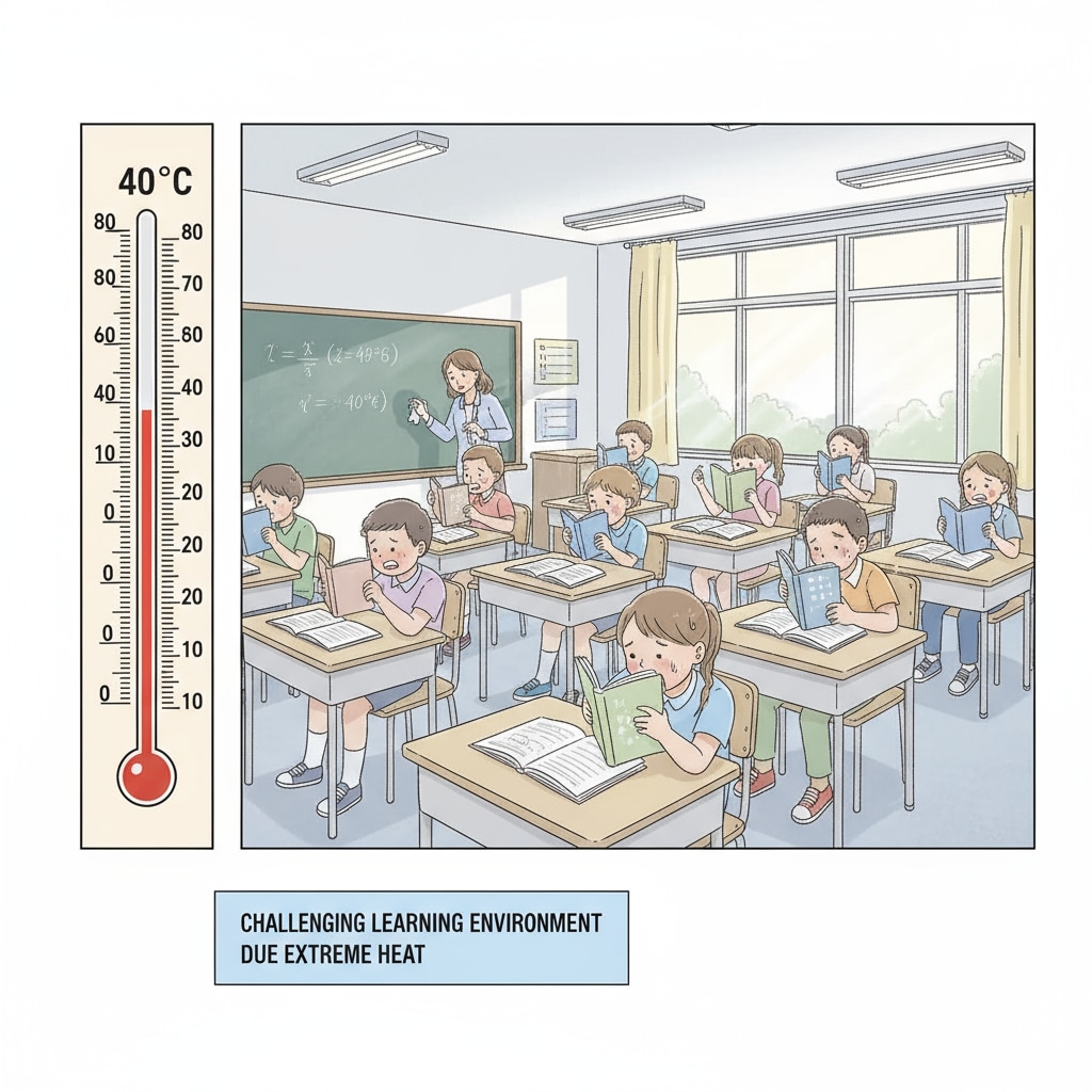A classroom filled with students, with a thermometer showing high temperature. This represents the difficult learning environment students face in extreme heat. Students in a hot classroom, highlighting the issue of extreme heat, marginalized communities, and educational inequality.