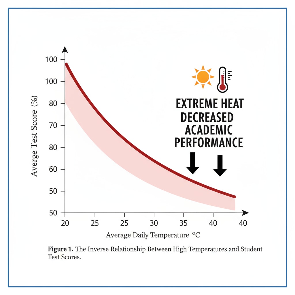 A graph showing the relationship between high temperature and low test scores. It visually demonstrates the negative impact of extreme heat on students' academic performance. Graph depicting the link between extreme heat and educational inequality, relevant to marginalized communities.