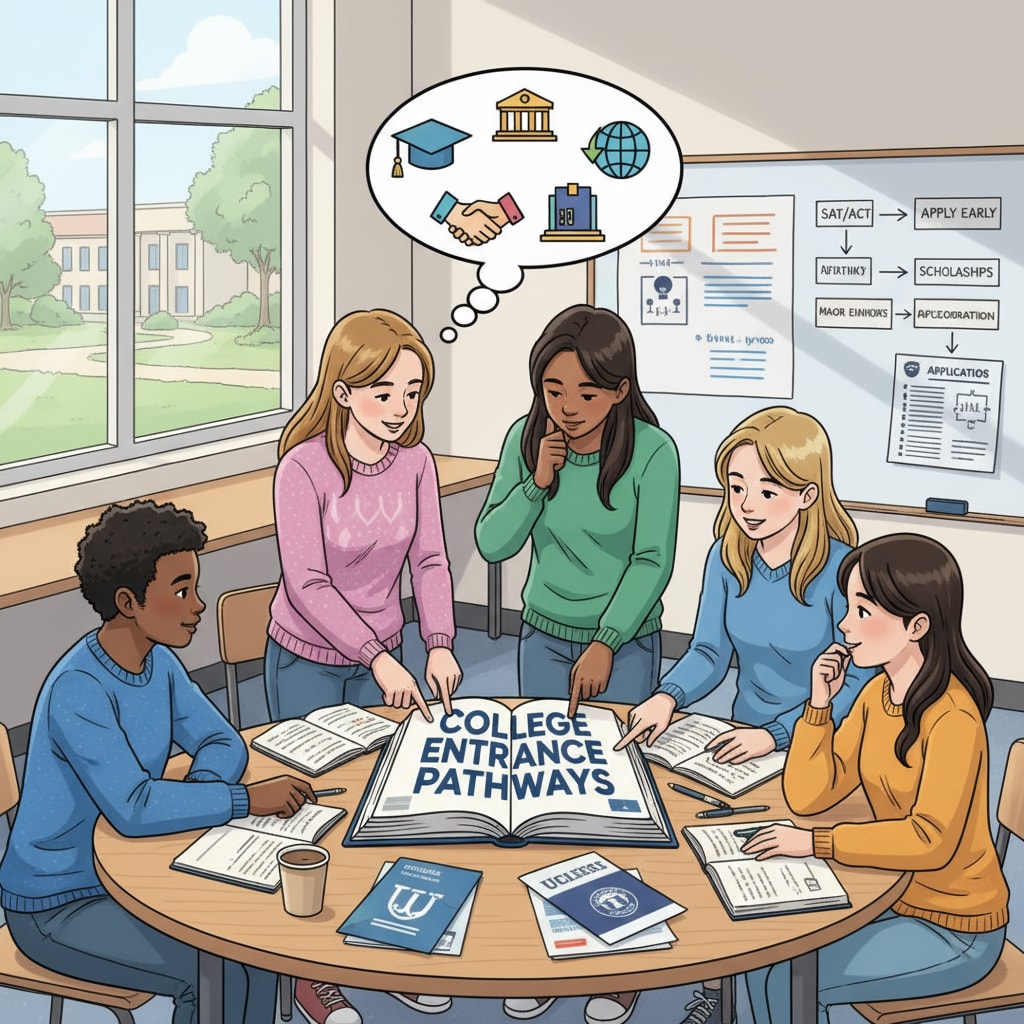 A group of high school students are sitting around a table, discussing different college entrance options, with books and papers scattered on the table. High school students discussing college entrance options related to grade skipping