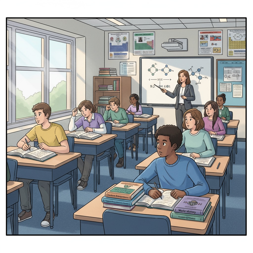 Students are sitting in a classroom in an early college high school setting, listening attentively to the teacher, with college - level textbooks on their desks. Students attending classes in an early college high school relevant to high school grade skipping and college entrance